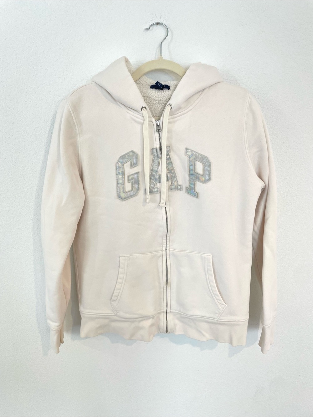 GAP Sherpa Lined Cream Zip-Up Hooded Sweatshirt with Logo